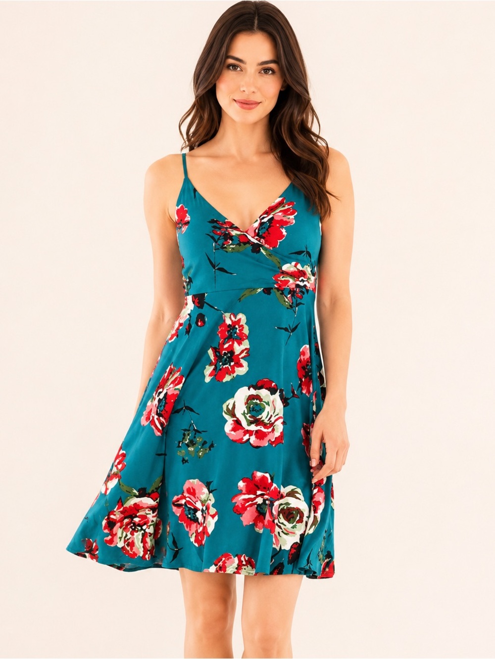 Kismet Women’s Size xs/s Teal Floral Sundress with Pink, Red & White Blooms